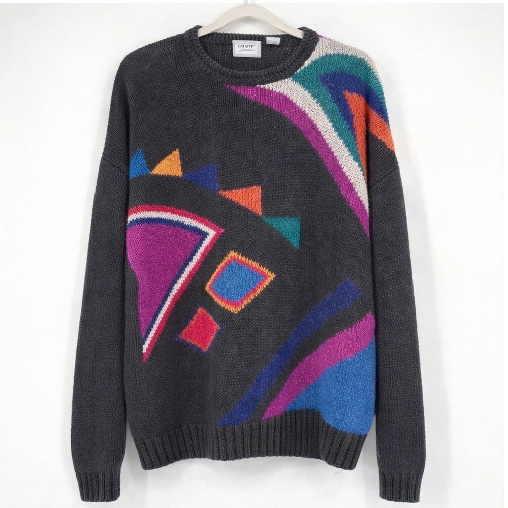 Vintage 90s Dad Sweater Sz XL‎ Geometric Pattern Black Multicolor Bright Funky